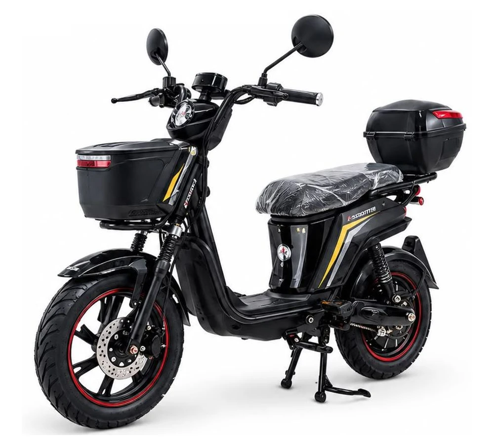 E-Scooter negro con cesta delantera y baúl trasero, fotografía del anuncio suministrado